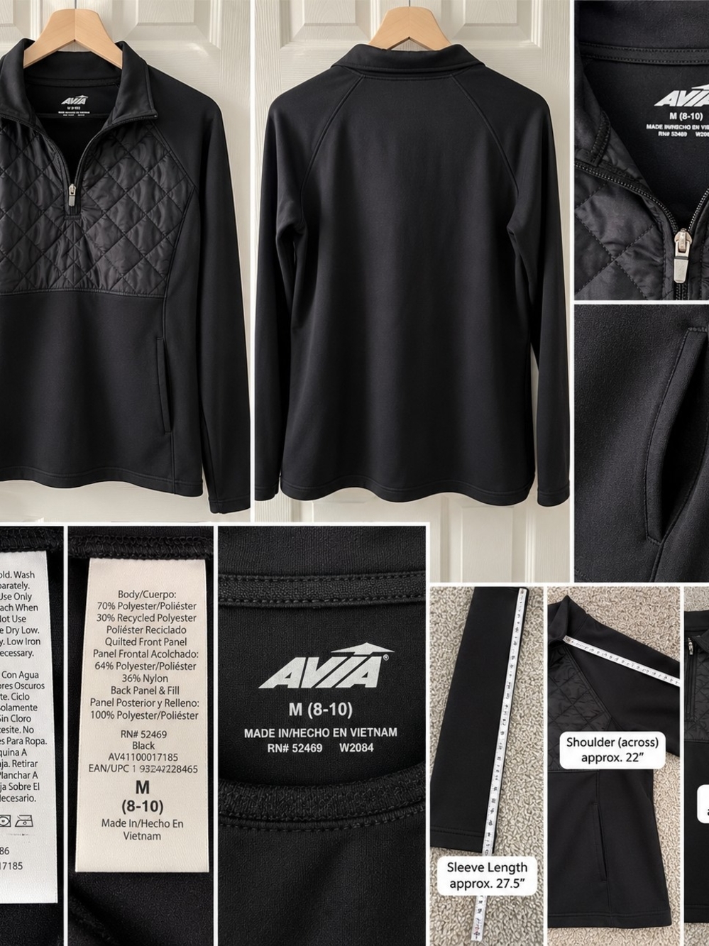 Avia Black Quilted-Panel Half-Zip Pullover Jacket M